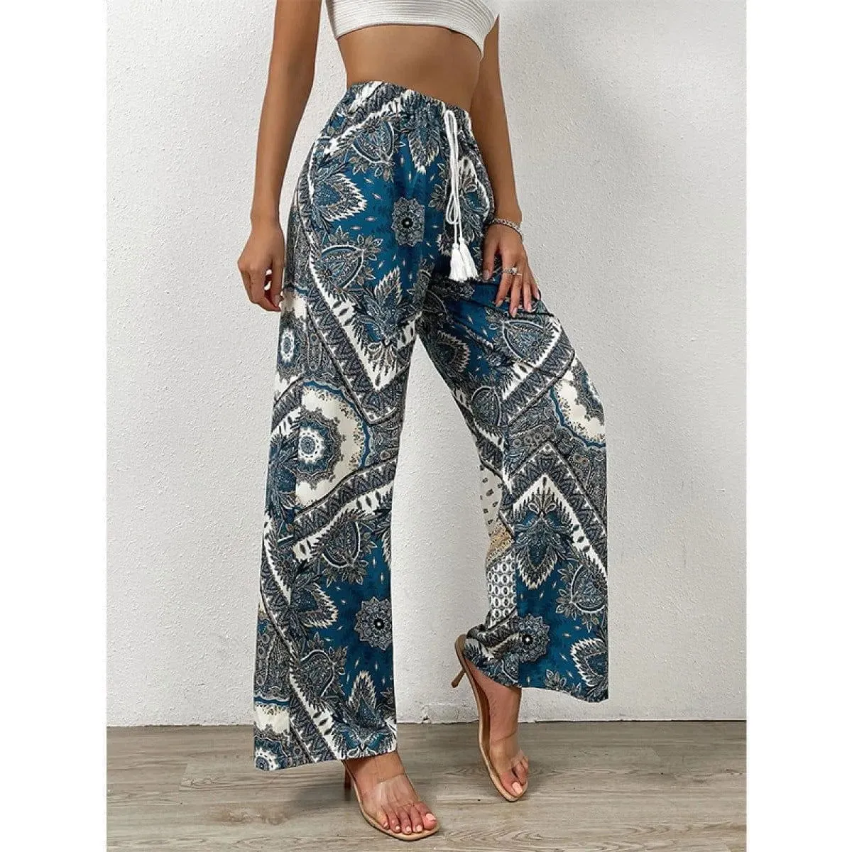 All Over Plants Print Tie Front High Waist Pants