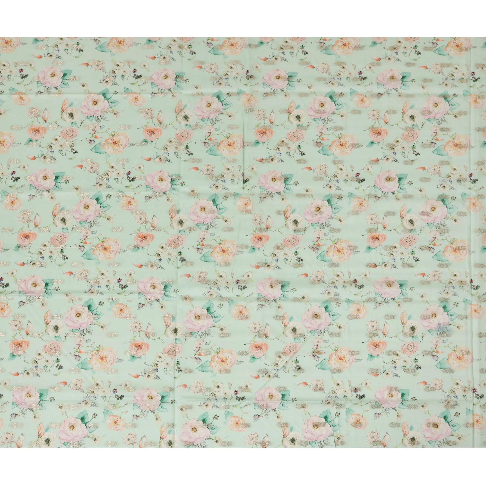 Aqua Green Viscose Blended Fabric with Peach and White Floral Embroidery, 110 cm Width-D20443