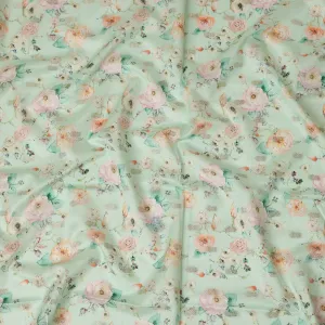 Aqua Green Viscose Blended Fabric with Peach and White Floral Embroidery, 110 cm Width-D20443