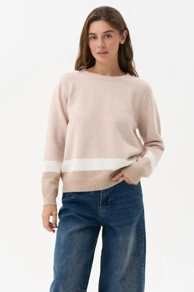 Beige Color Block Knit Sweater