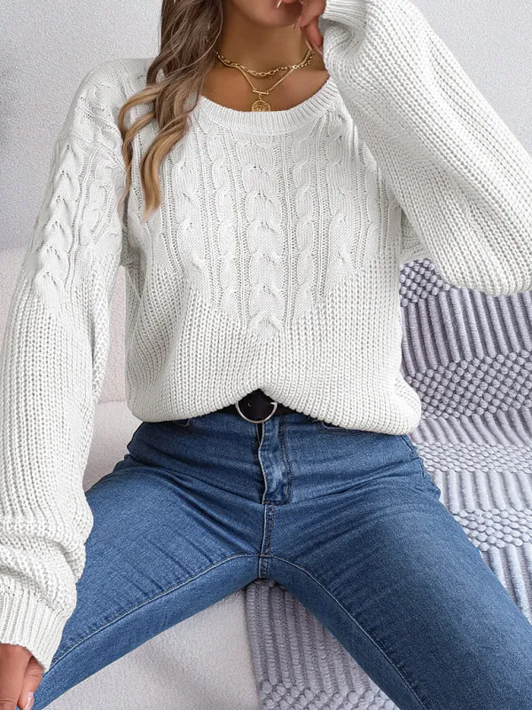 Bohemian Cable Knit Lantern Sleeve Pullover Sweater