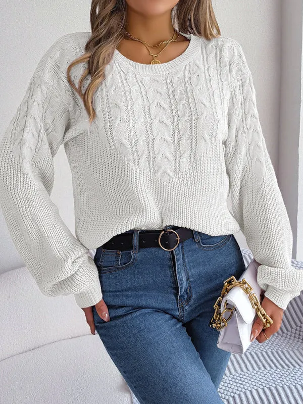 Bohemian Cable Knit Lantern Sleeve Pullover Sweater