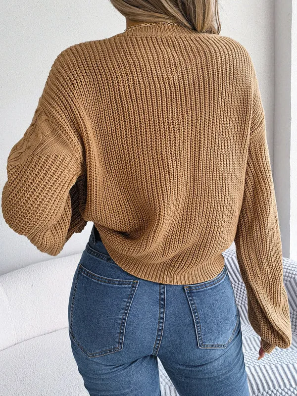 Bohemian Cable Knit Lantern Sleeve Pullover Sweater