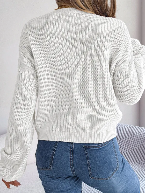 Bohemian Cable Knit Lantern Sleeve Pullover Sweater