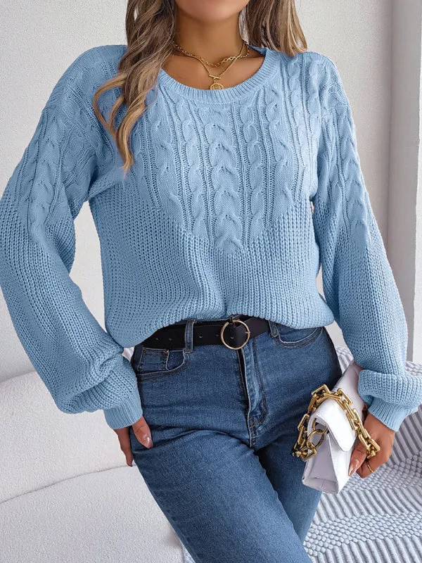 Bohemian Cable Knit Lantern Sleeve Pullover Sweater