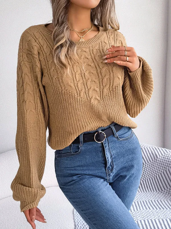 Bohemian Cable Knit Lantern Sleeve Pullover Sweater