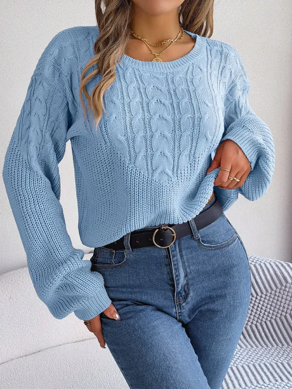 Bohemian Cable Knit Lantern Sleeve Pullover Sweater