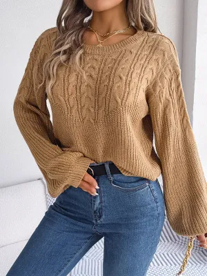 Bohemian Cable Knit Lantern Sleeve Pullover Sweater