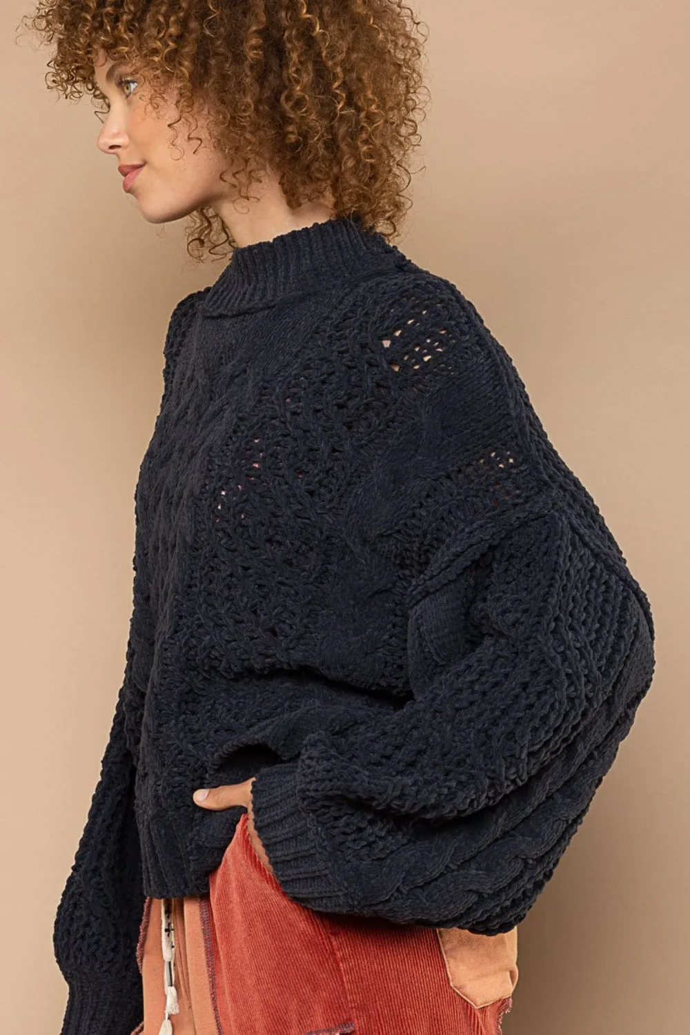 Bohemian Mock Neck Cable Knit Sweater