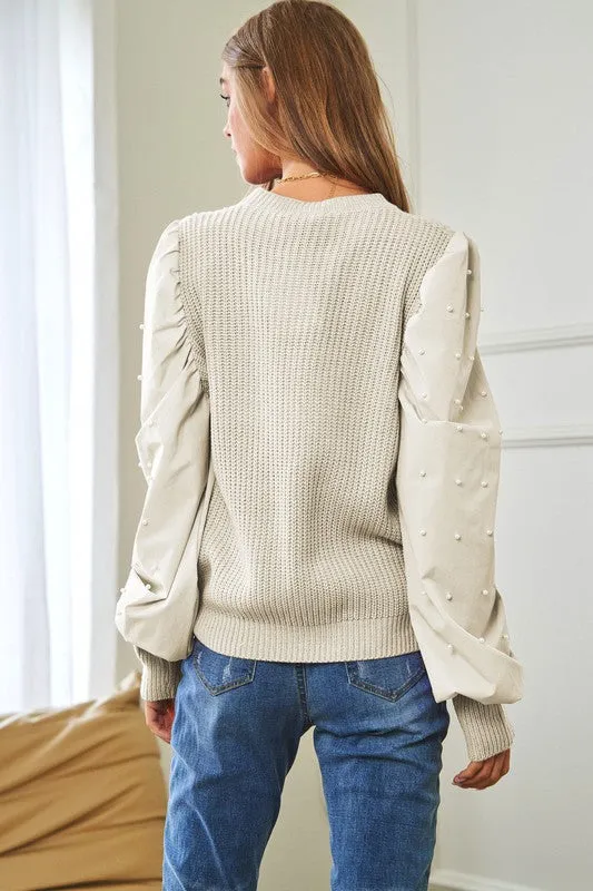 Bohemian Pearl Embellishments Contrast Sleeves Sweater