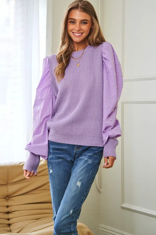 Bohemian Pearl Embellishments Contrast Sleeves Sweater