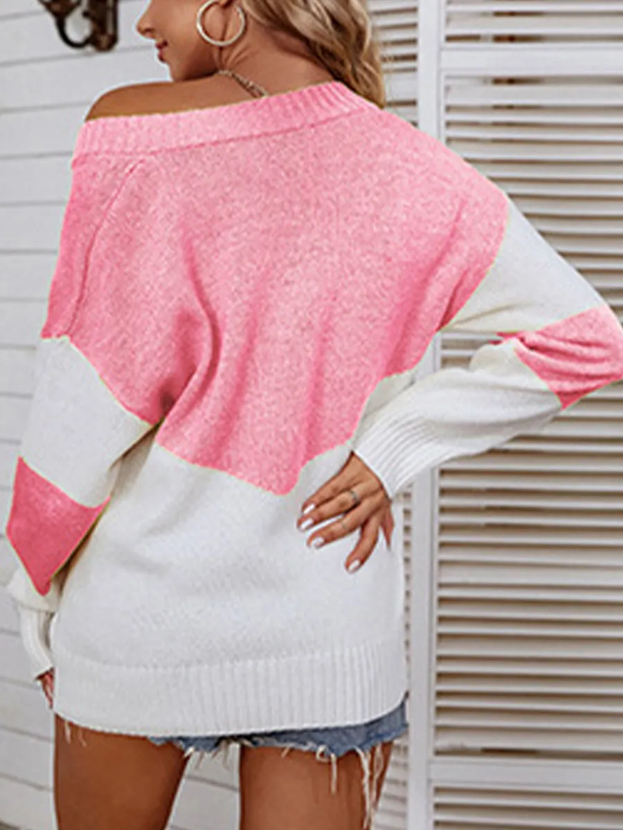 Boho Color Block Trendy V-Neck Sweater