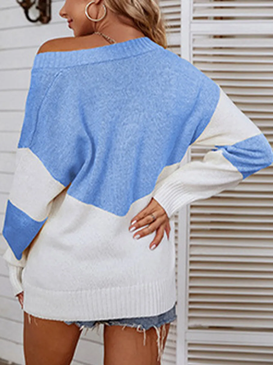 Boho Color Block Trendy V-Neck Sweater