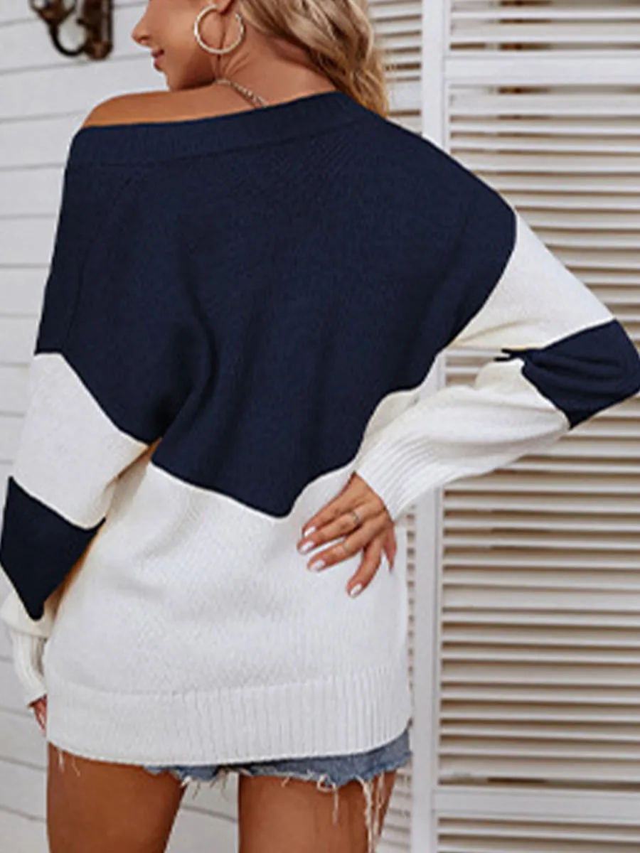 Boho Color Block Trendy V-Neck Sweater