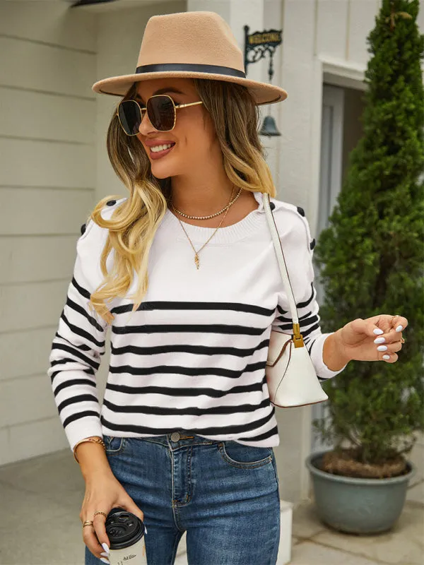 Boho Striped Button Sleeve Pullover Sweater