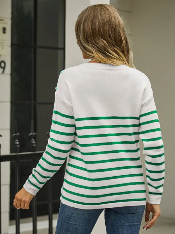 Boho Striped Button Sleeve Pullover Sweater