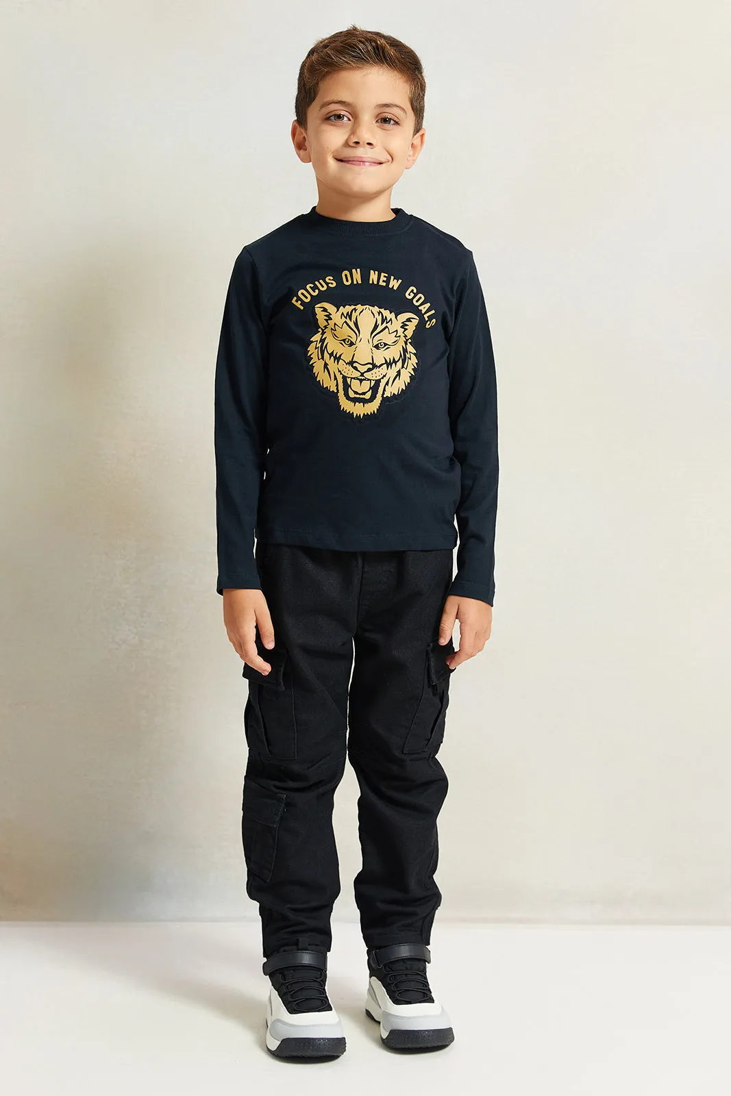 Boys Black Lion Print Long Sleeve T-Shirt