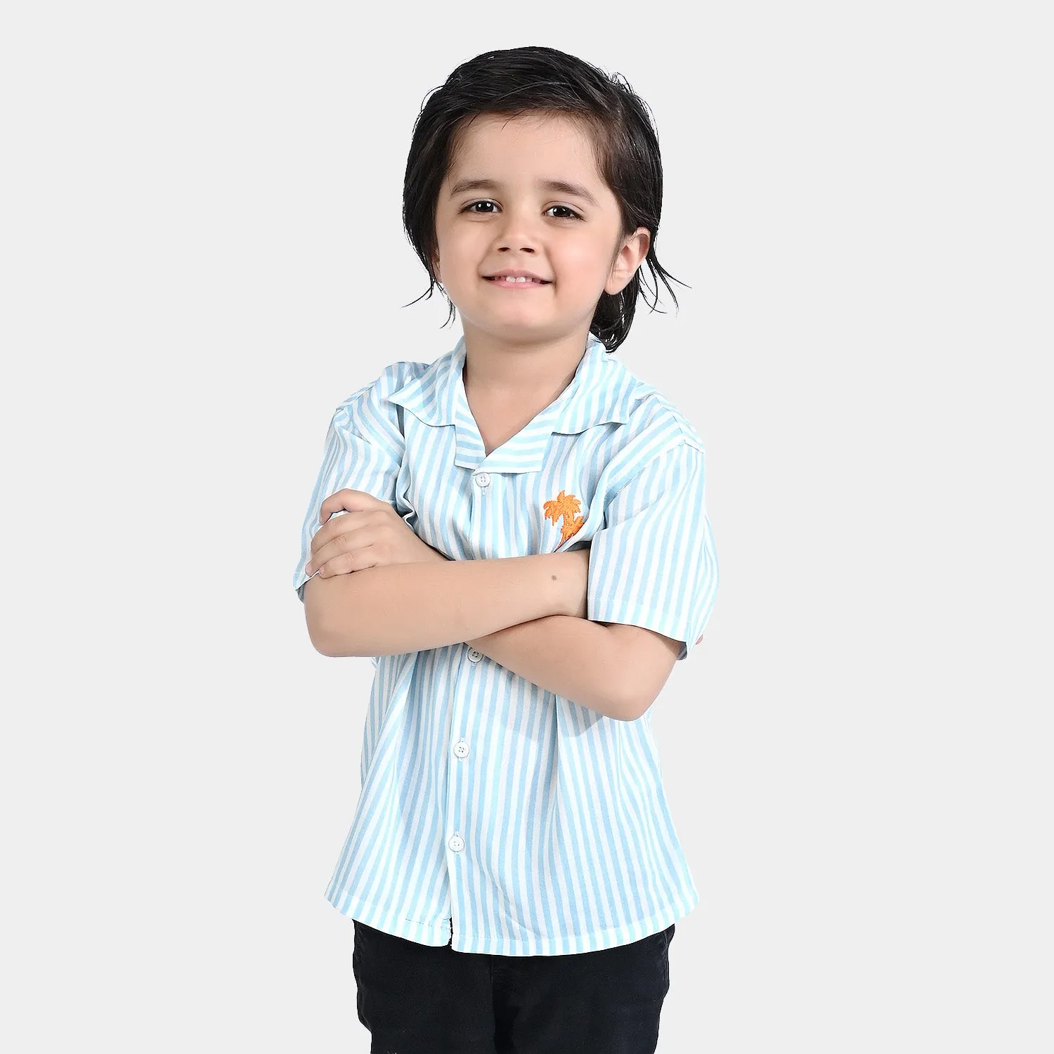 Boys Cotton Viscose Casual Shirt H/S (Stripes With Palm)-L/BLUE