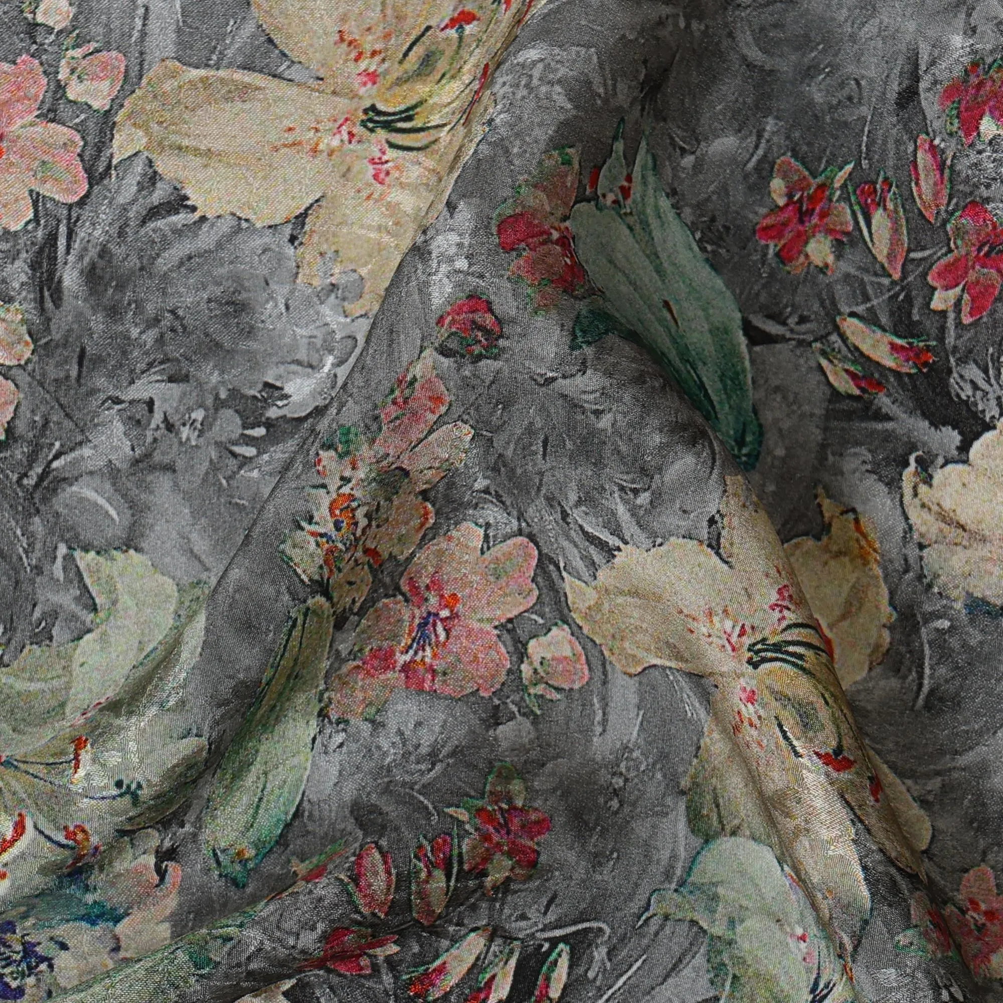 Charcoal Gray Viscose Crepe Printed Fabric with Beige and Green Floral Design, 110 cm Width-D20459