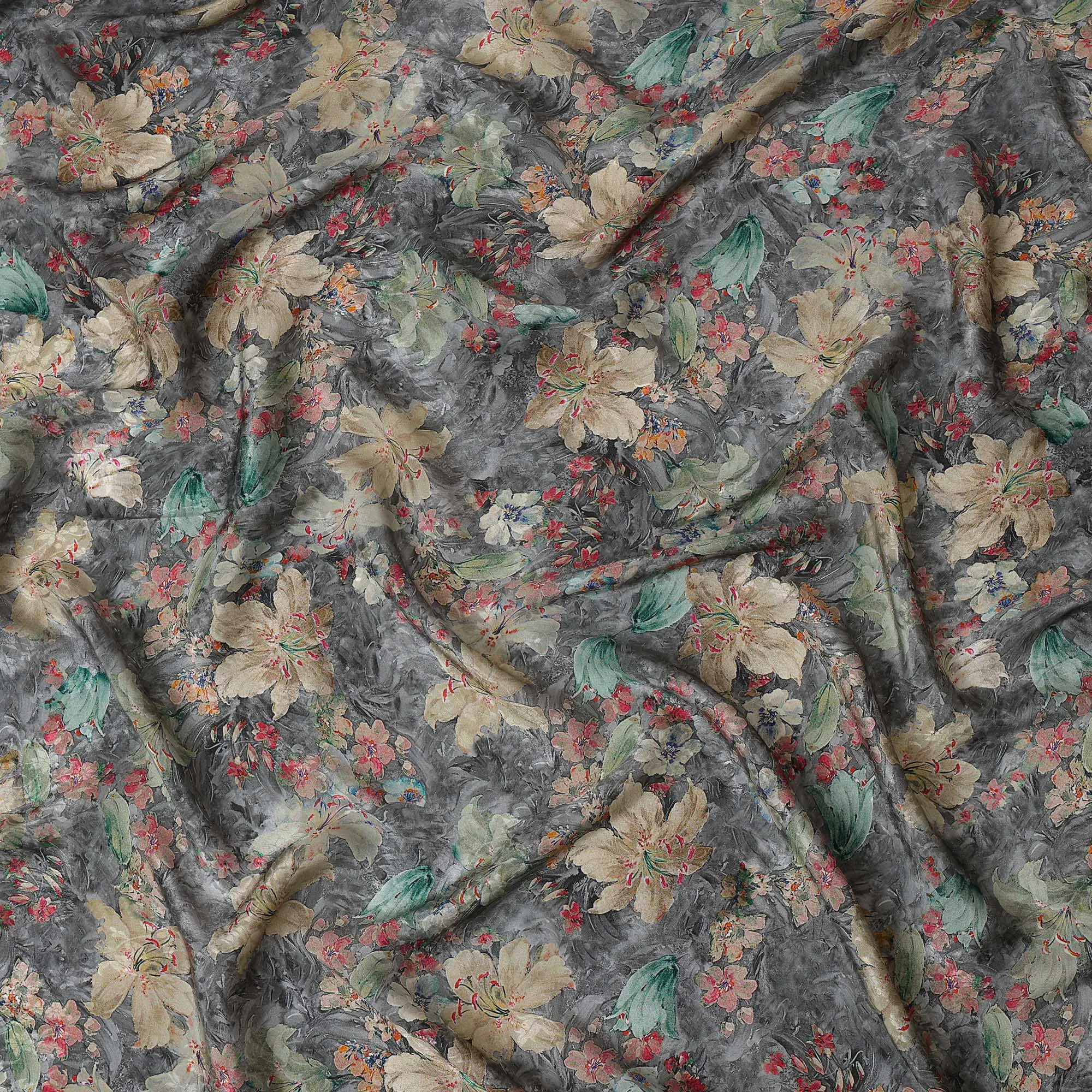 Charcoal Gray Viscose Crepe Printed Fabric with Beige and Green Floral Design, 110 cm Width-D20459