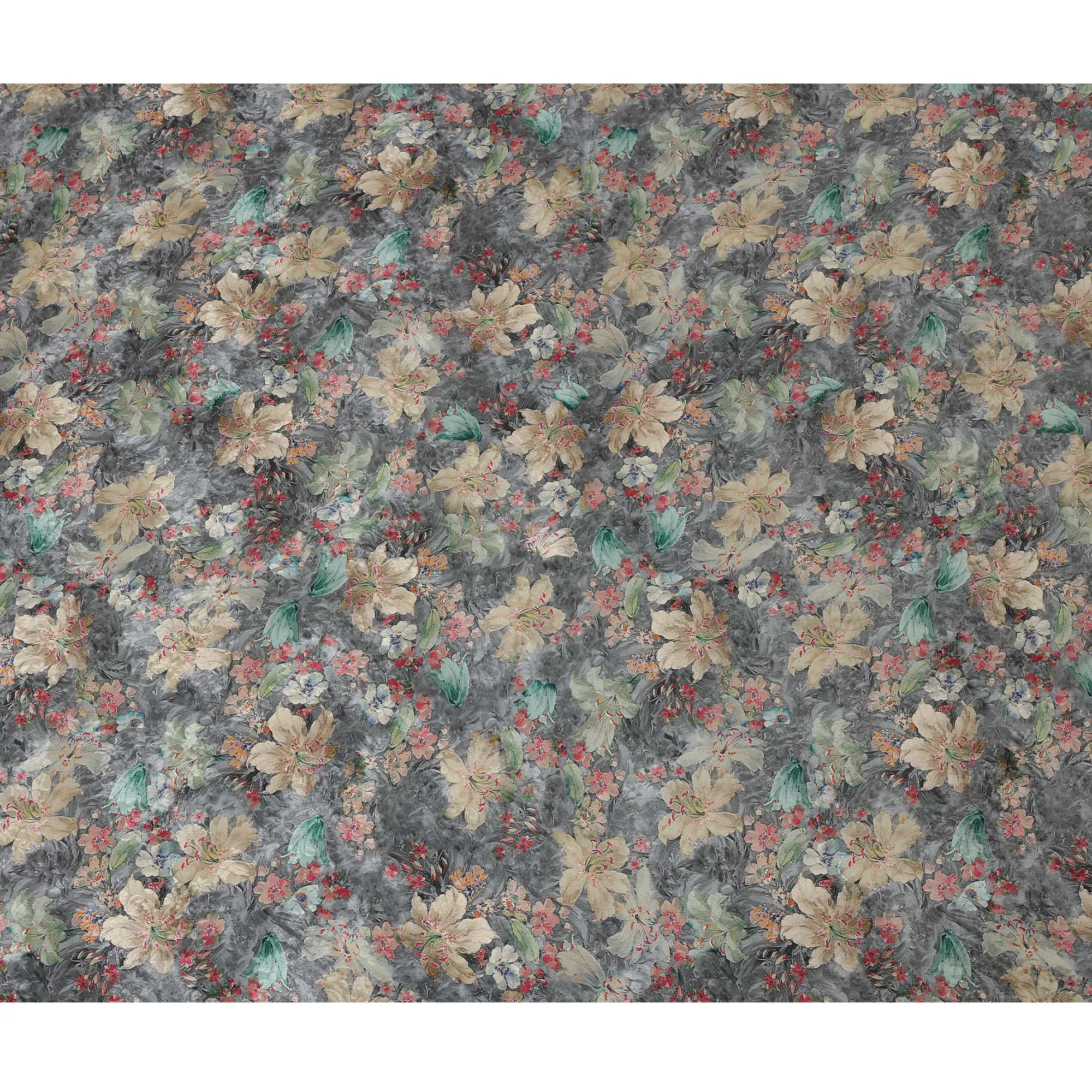 Charcoal Gray Viscose Crepe Printed Fabric with Beige and Green Floral Design, 110 cm Width-D20459