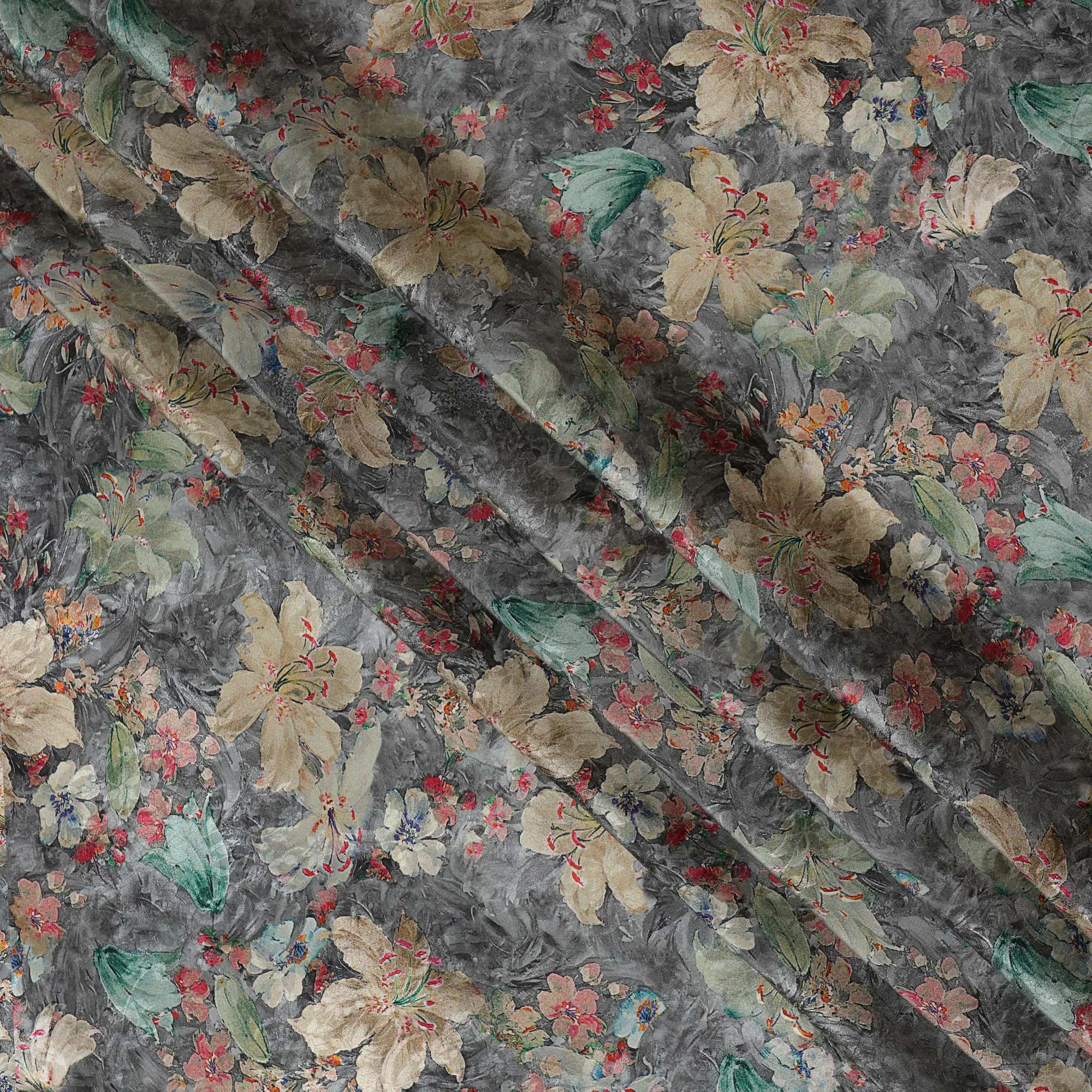 Charcoal Gray Viscose Crepe Printed Fabric with Beige and Green Floral Design, 110 cm Width-D20459