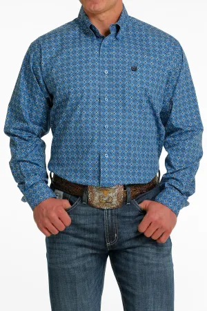 Cinch Mens Medallion Print Button Down Western L/S Shirt - Blue/Cream - MTW1105511