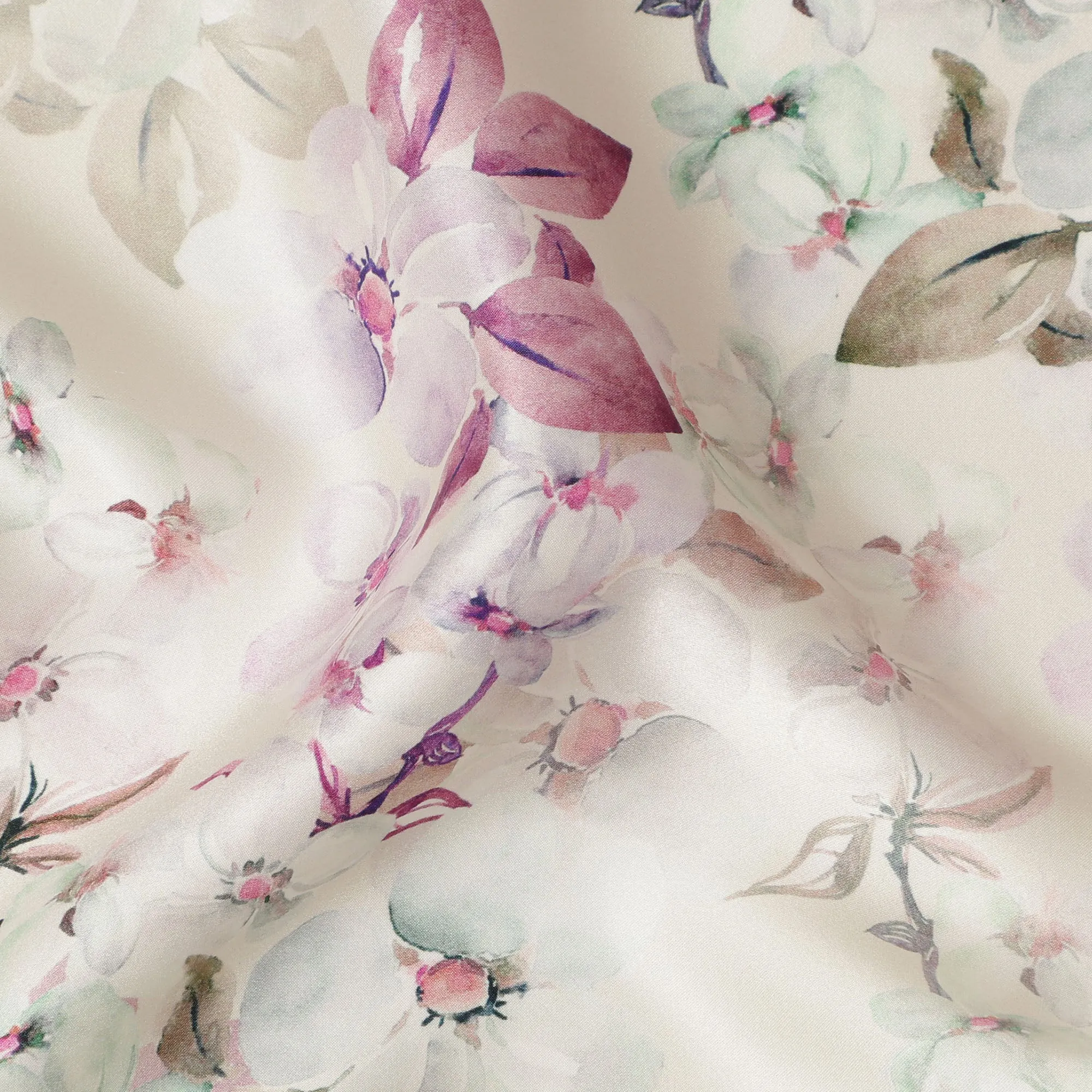 Cream Floral Pure Silk Satin Fabric - 140 cm Width, Made in Italy-D20728