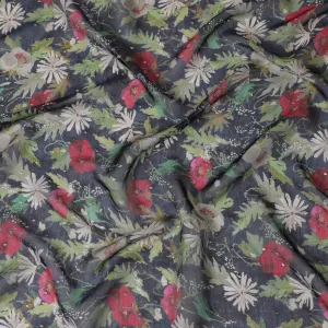 Dark Blue and Red Floral Synthetic Organza Fabric - 110 cm Width, Made in India-D19651