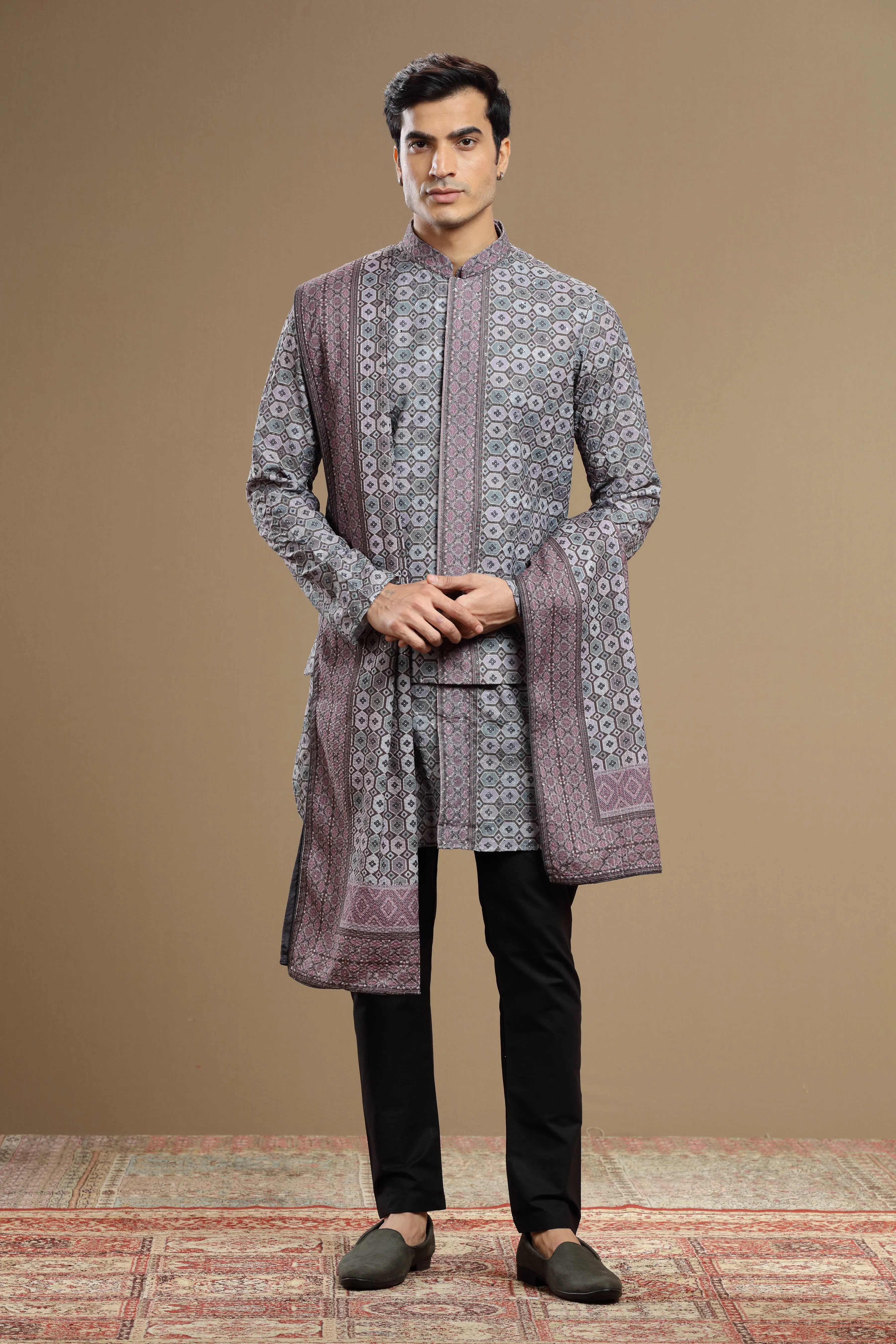 Dark Grey Silk Dupatta Jacket Set With Sequin Work