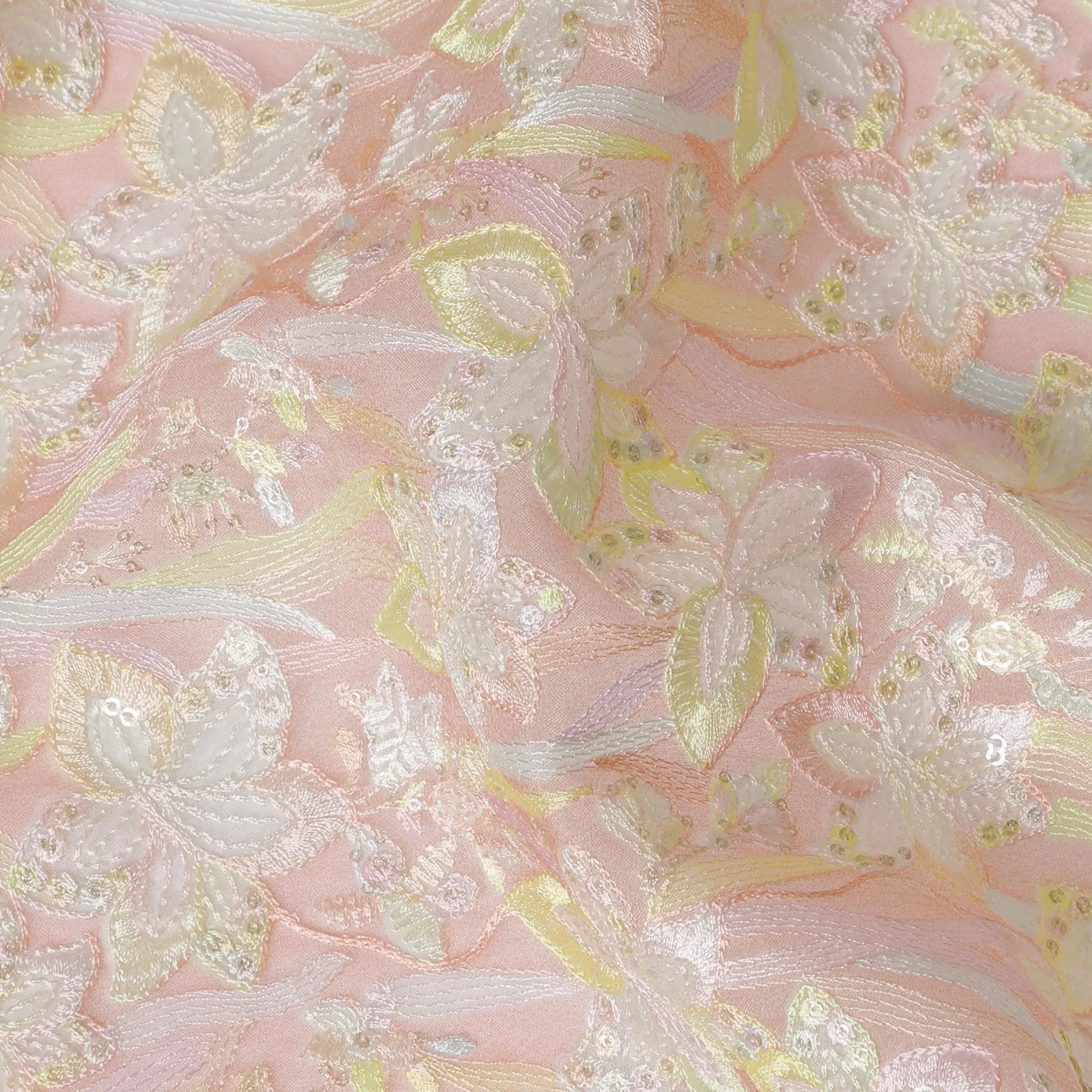 Delicate Pink Silk Organza Fabric with Pastel Floral Embroidery - 110 cm Wide - D19621