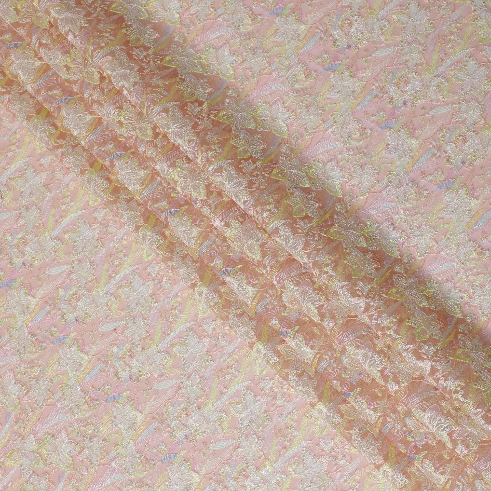 Delicate Pink Silk Organza Fabric with Pastel Floral Embroidery - 110 cm Wide - D19621