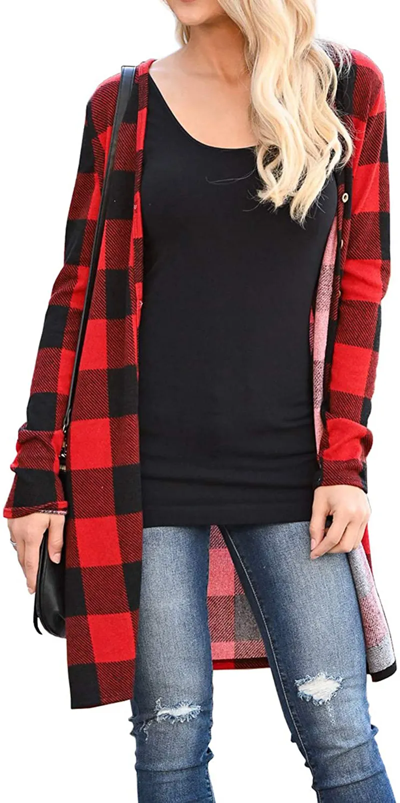 Dressmine Women's Long Sleeve Open Front Cardigan Buffalo Plaid Knitted Maxi Sweater Coat Outwear