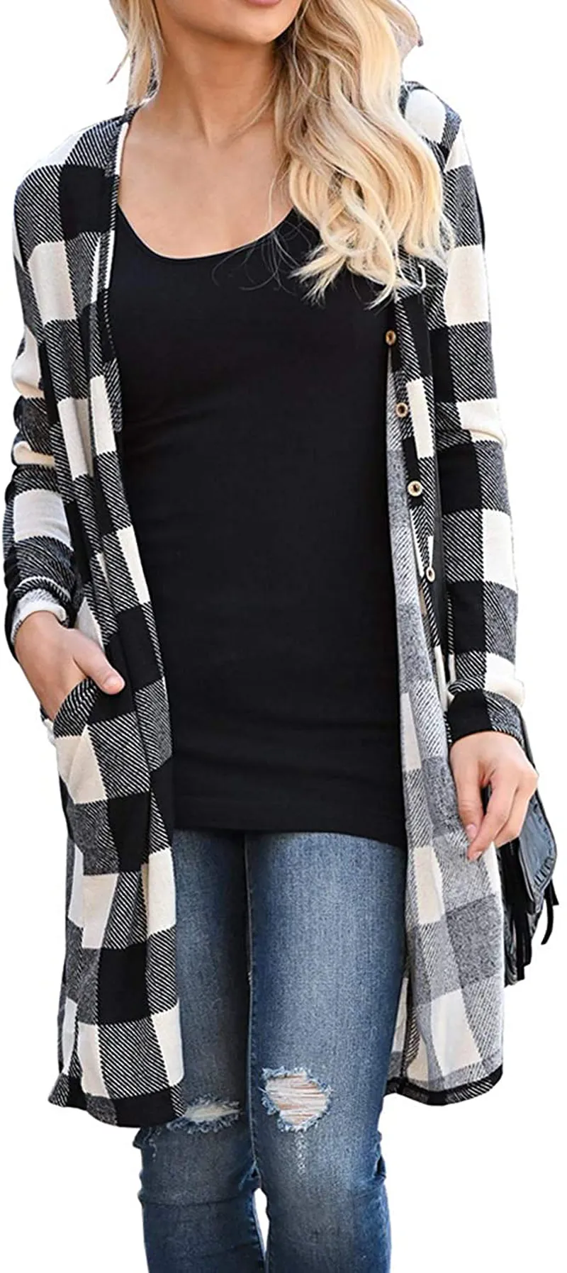 Dressmine Women's Long Sleeve Open Front Cardigan Buffalo Plaid Knitted Maxi Sweater Coat Outwear