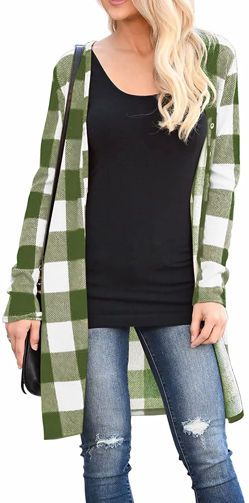 Dressmine Women's Long Sleeve Open Front Cardigan Buffalo Plaid Knitted Maxi Sweater Coat Outwear