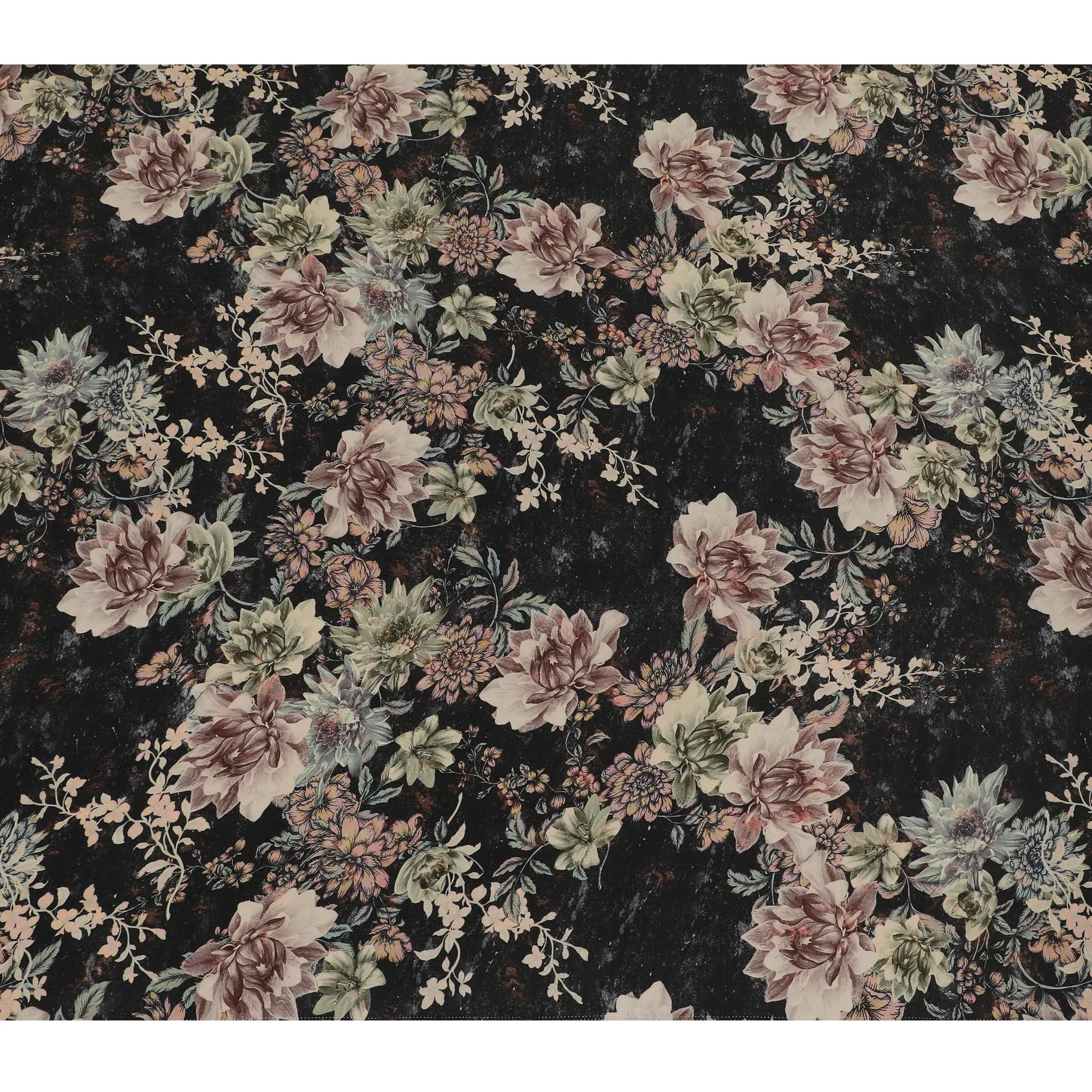 Elegant Black Synthetic Crepe Fabric with Vintage Floral Print, 110 cm Wide-D19135