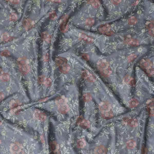 Elegant Greyish Blue Tussar Silk Fabric with Floral Embroidery - 110 cm Wide - D19612