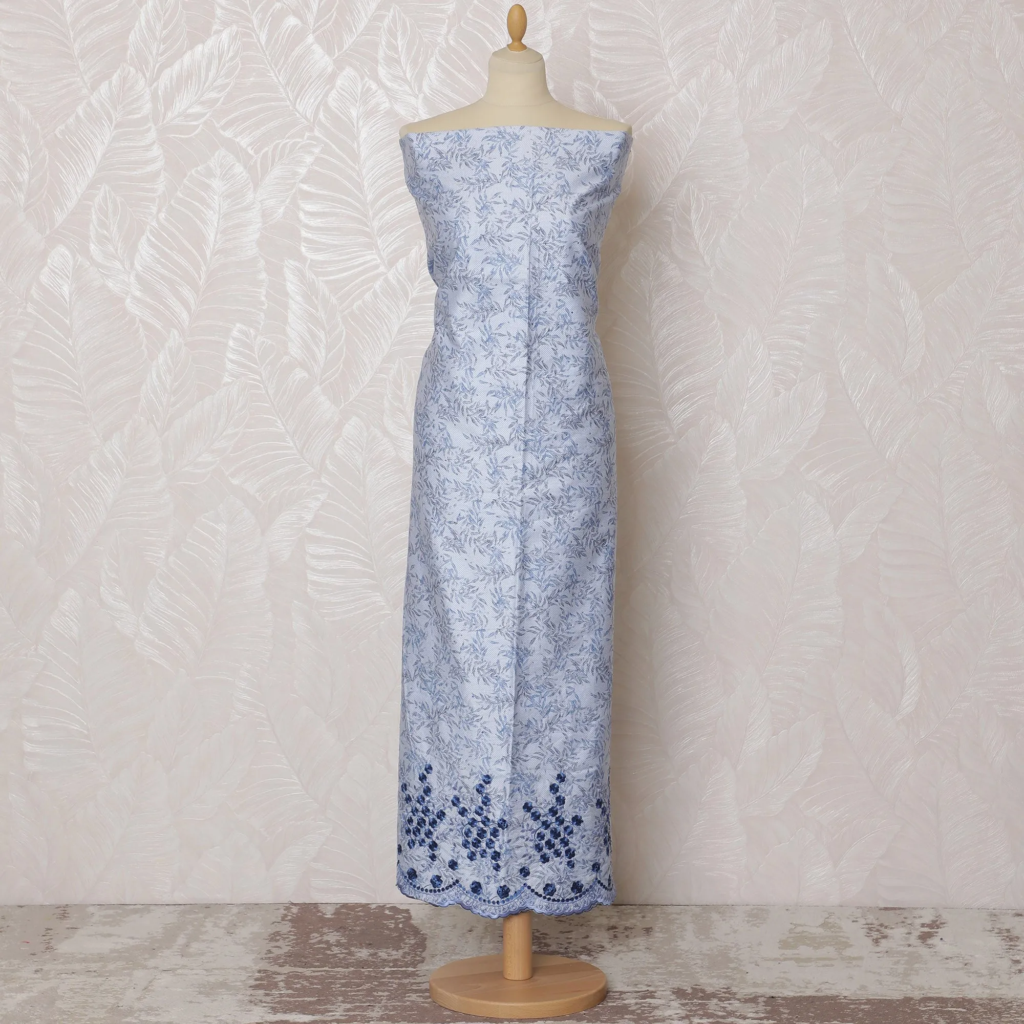 Elegant Light Blue Blended Cotton Fabric with Navy Blue Floral Embroidery - Last Piece of 3.0 Meters, 110 cm Width-D19780