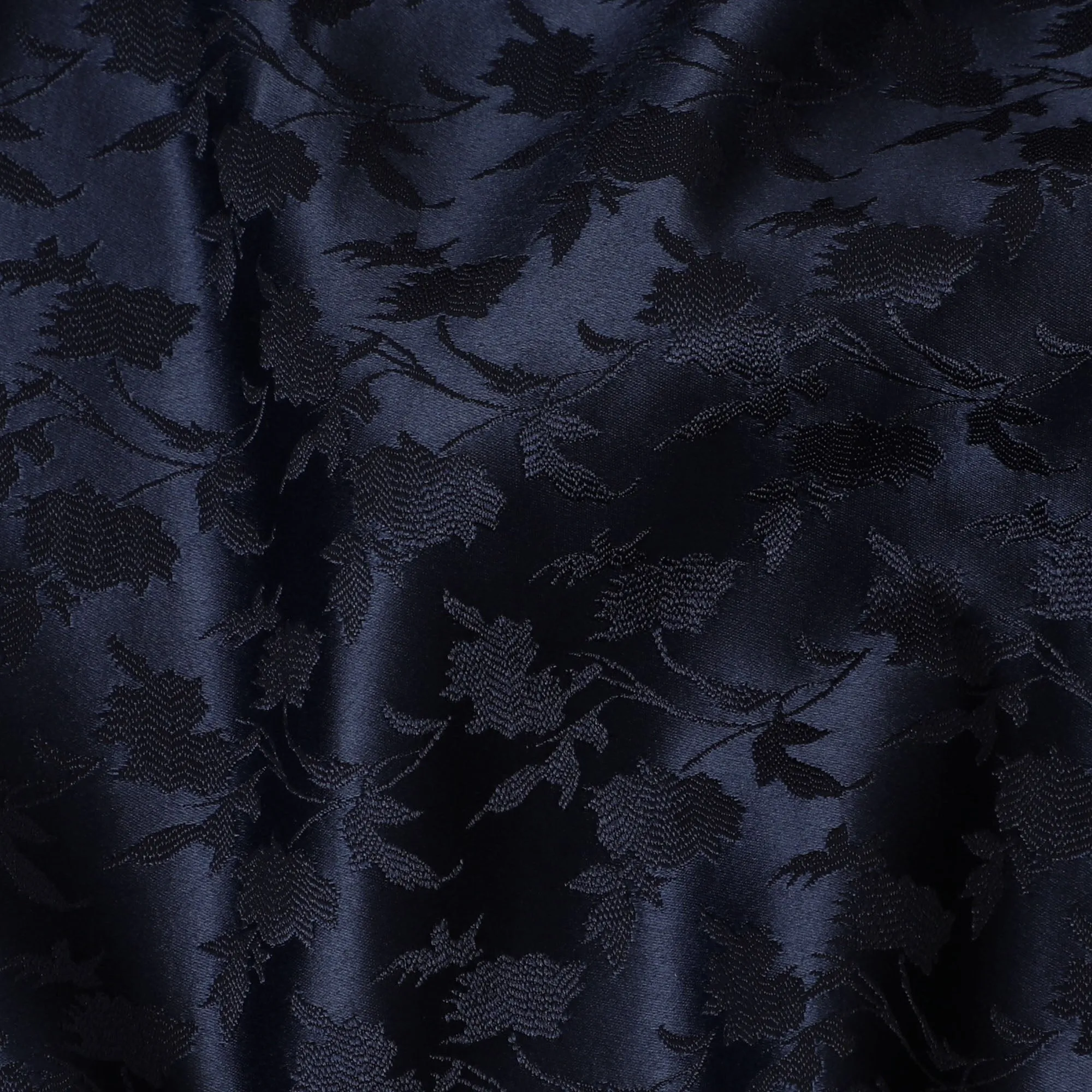 Elegant Midnight Blue Synthetic Brocade Fabric with Floral Leaf Pattern â€“ 140 cm Width-D19383