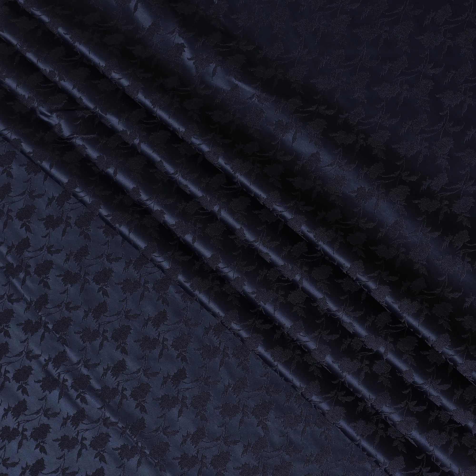 Elegant Midnight Blue Synthetic Brocade Fabric with Floral Leaf Pattern â€“ 140 cm Width-D19383