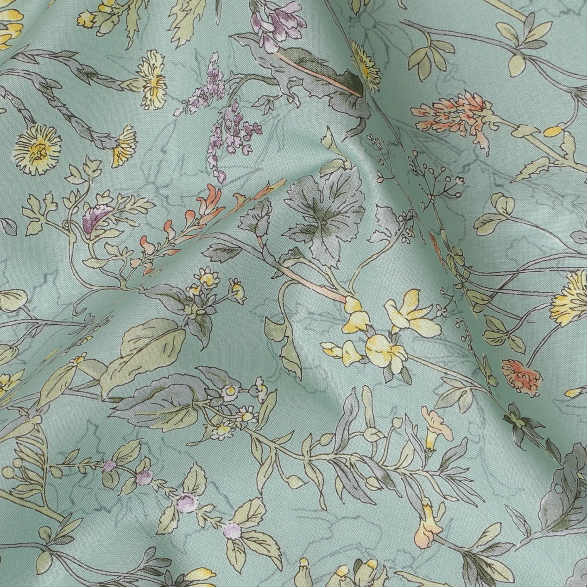 Elegant Mint Green Floral Cotton Lawn Fabric with Yellow and Purple Blossoms, 110 cm Wide, Japanese Design-D19562