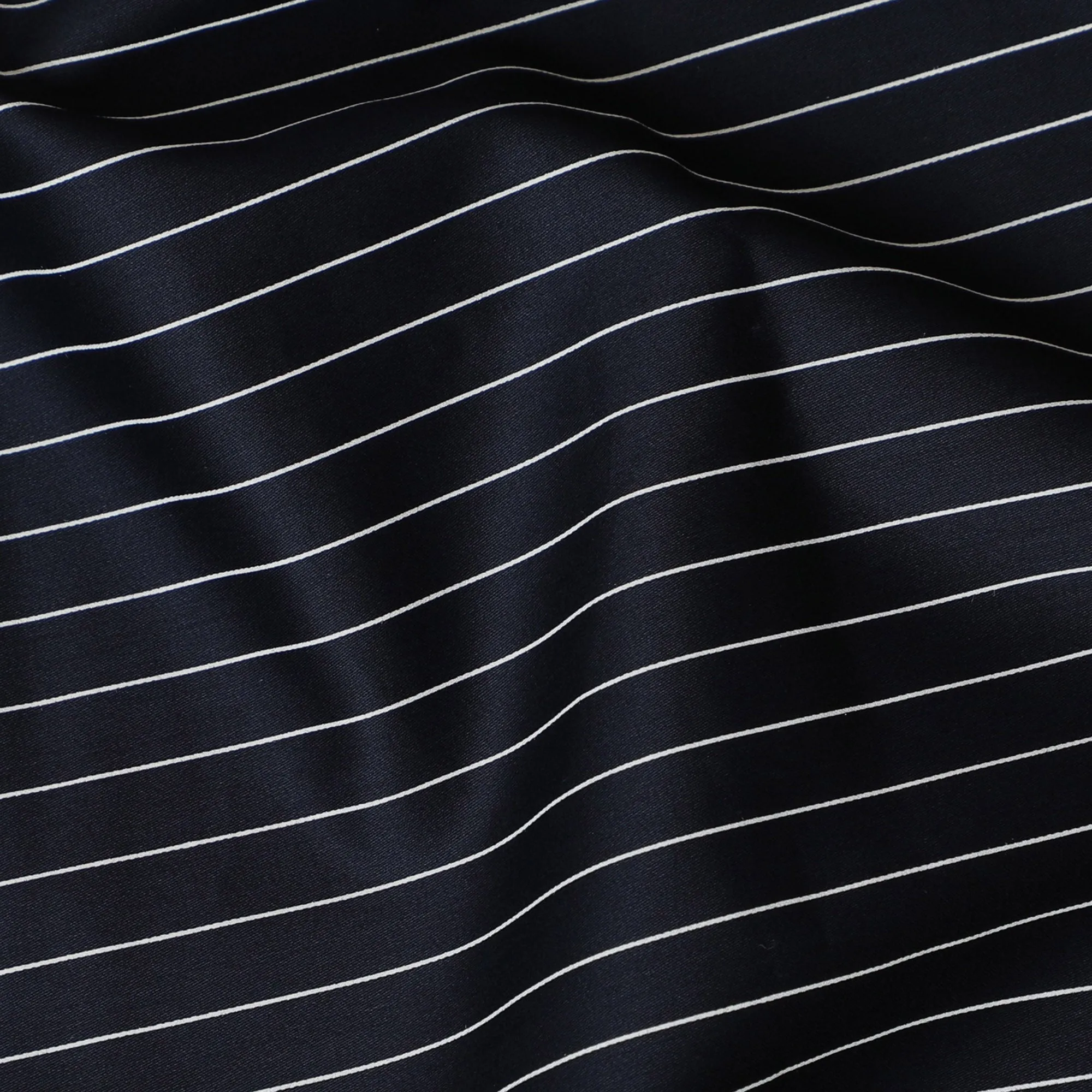 Elegant Navy Blue Cotton Shirting Fabric with Thin White Stripes, Satin Finish, 150 cm Wide-D19187