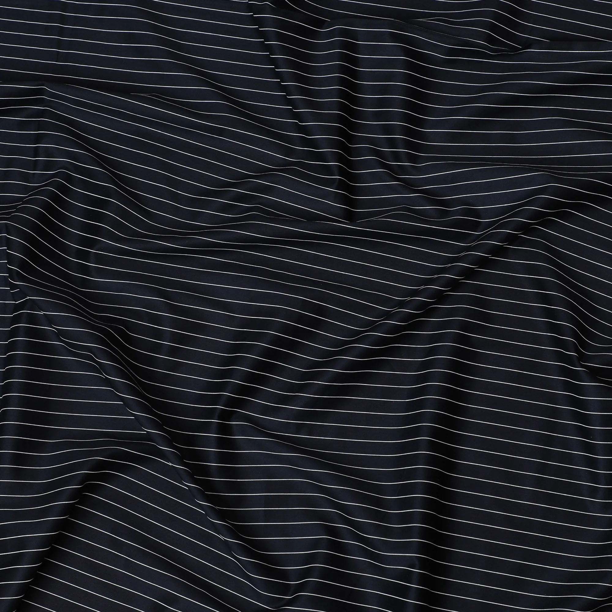 Elegant Navy Blue Cotton Shirting Fabric with Thin White Stripes, Satin Finish, 150 cm Wide-D19187