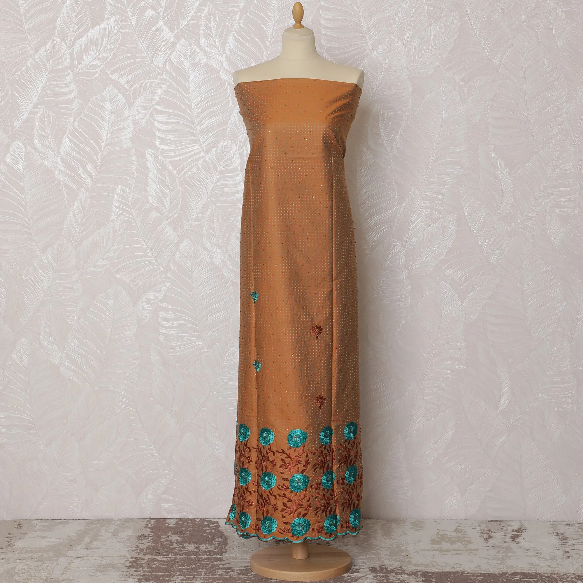 Elegant Rust Brown Blended Cotton Fabric with Turquoise and Red Embroidery - Last Piece of 3.0 Meters, 110 cm Width-D19775