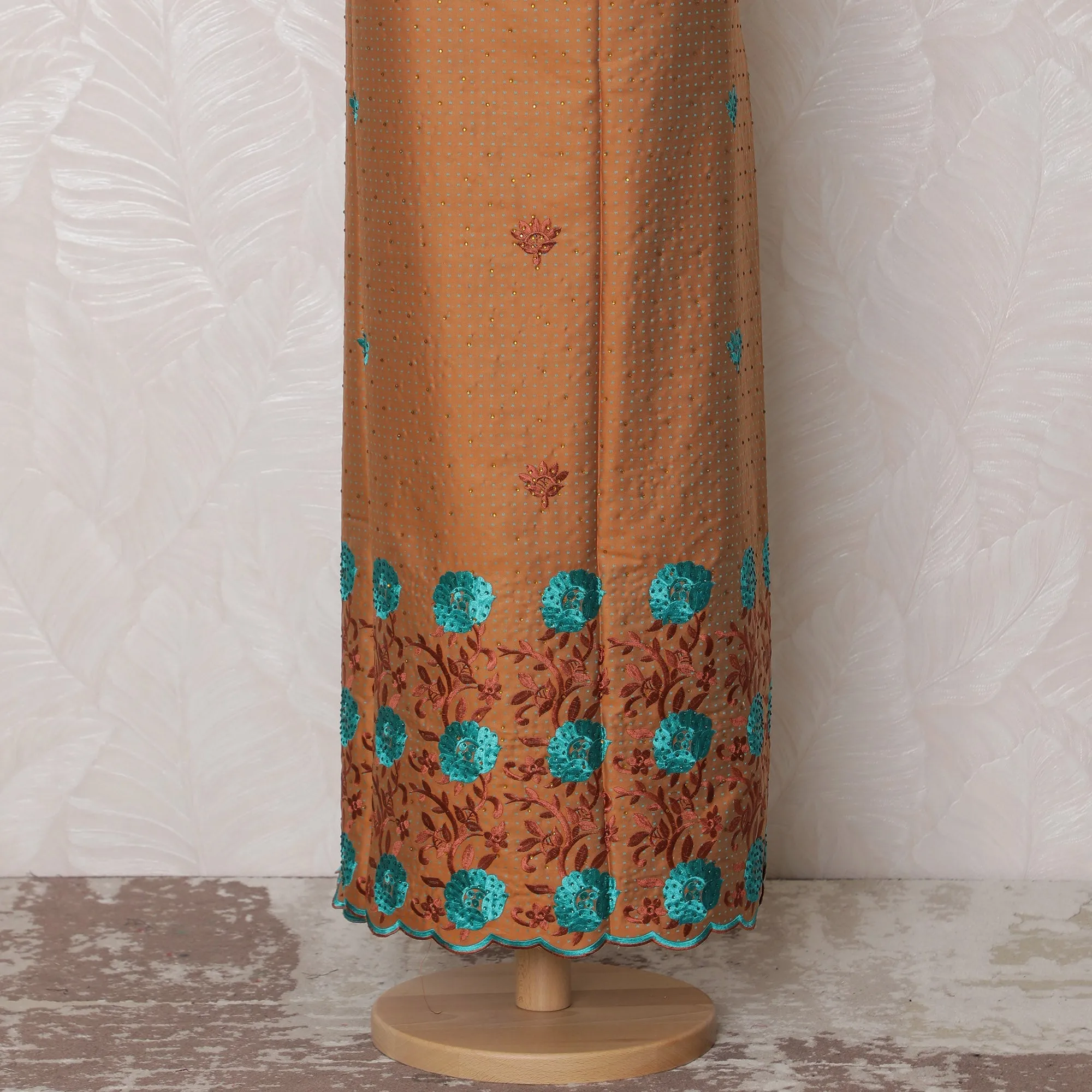 Elegant Rust Brown Blended Cotton Fabric with Turquoise and Red Embroidery - Last Piece of 3.0 Meters, 110 cm Width-D19775