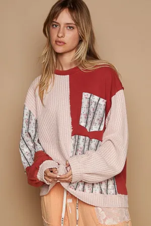 Exposed Seam Floral Patch Color Block Round Neck Sweatshirt