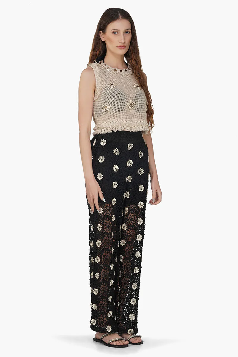 Floral Crochet Cut Out Black Pant