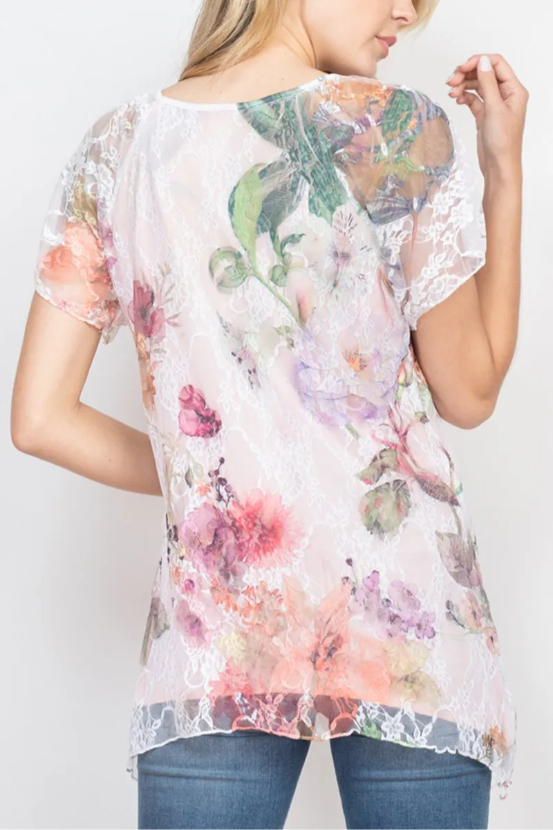 Floral lace overlay shark bite hem short sleeve