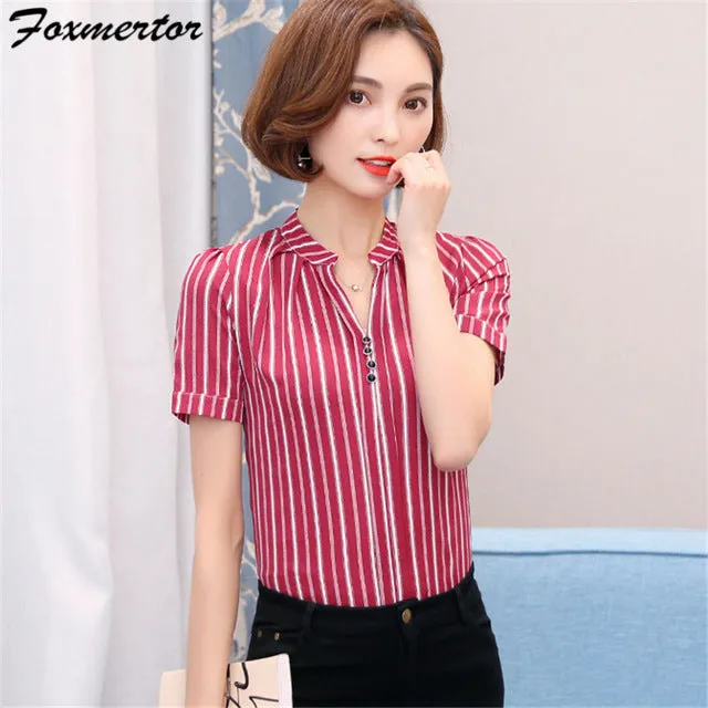 Foxmertor Chiffon Lady Office Blouses Shirt 2017 V-Neck Print Women Shirt Tunic Short Sleeve Blusas Feminina Elegant Tops #F113