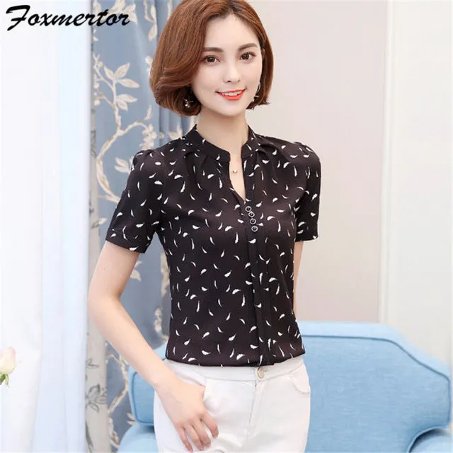 Foxmertor Chiffon Lady Office Blouses Shirt 2017 V-Neck Print Women Shirt Tunic Short Sleeve Blusas Feminina Elegant Tops #F113